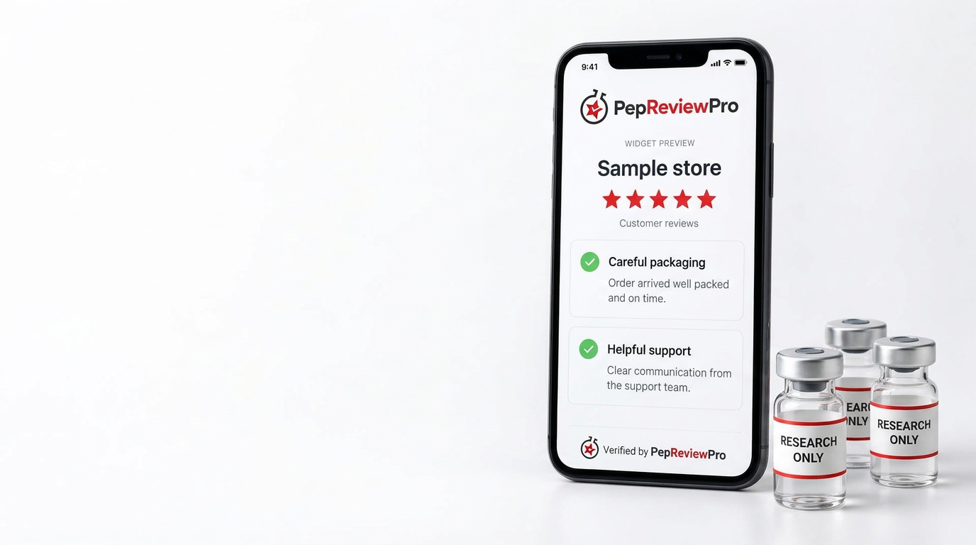 Phone displaying a sample PepReviewPro review screen beside research-only vials